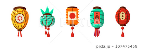 Colorful Chinese Paper Street Lanterns Hanging with Tassel Vector Set 107475459