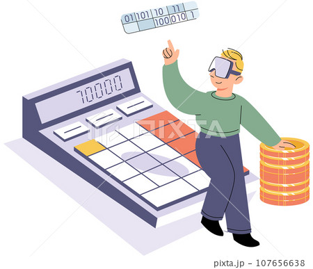 Man managing his personal finances using calculator. Save and invest money, calculate income. Calculator, coins for counting of revenue. Cash profit and wealth. Success of economy and grow of business 107656638