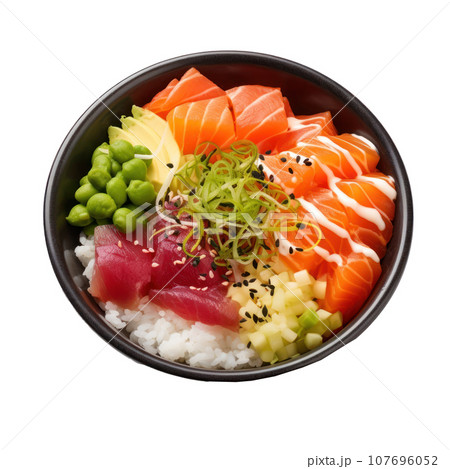 Poke bowl: Raw fish over rice, topped with veggies and sauce. isolated 107696052