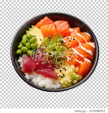 Poke bowl: Raw fish over rice, topped with veggies and sauce. isolated 107696052