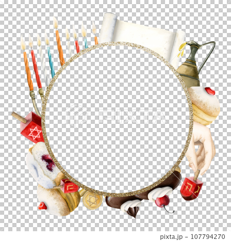 Watercolor Hanukkah greeting card round frame template illustration of traditional Jewish Chanukkah symbols, dreidels, donuts, menorah candles, oil jar, star David glowing lights 107794270