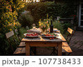 Wooden table with fresh food in a garden, preparations for garden picninc created with Generative AI technology. 107738433