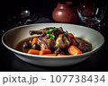 Close-up of traditional French dish Coq au Vin, created with Generative AI technology. 107738434