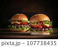 Close up of fresh tasty burgers, created with Generative AI technology. 107738435