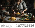 A woman is hand-making pasta in the kitchen. Created with Generative AI technology. 107738436