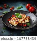 Close up of grilled halloumi cheese with tomatoes, created with Generative AI technology. 107738439