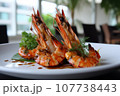 Close up of plate with grilled shrimps, created with Generative AI technology. 107738443