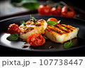 Close up of grilled halloumi cheese with tomatoes, created with Generative AI technology. 107738447