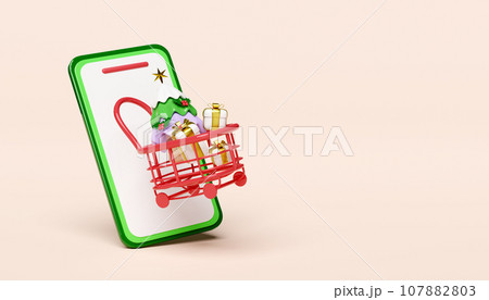 3d mobile phone, smartphone with shopping cart christmas tree, gift box. merry christmas and happy new year, online shopping, 3d render illustration 107882803