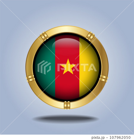 Cameroon flag. Round glossy. Gold  frame. Isolated on color gradient background 107962050