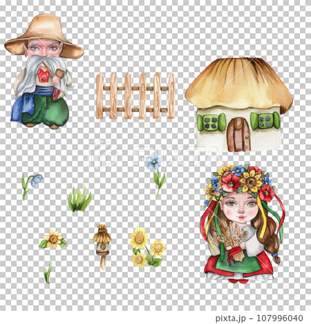 Set of girl and boy gnome in national ukrainian costume ,country houses and flowers. Design for baby shower party, birthday,cake, holiday celebration design, greetings card,invitation. 107996040