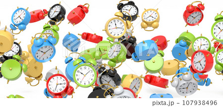 Many of flying alarm clocks on white background. 3d render of wake up time 107938496