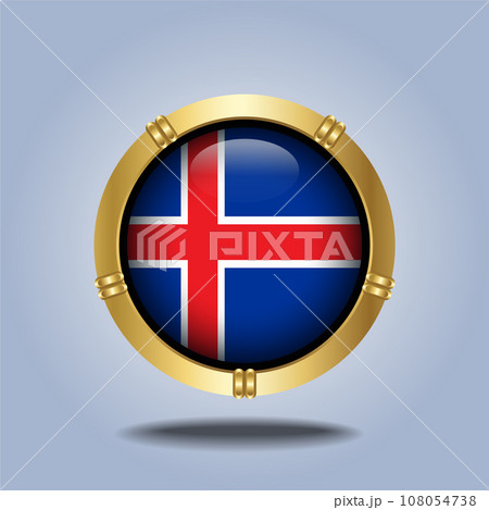 Iceland flag. Round glossy. Gold  frame. Isolated on color gradient background 108054738