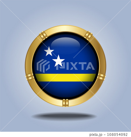 Curacao flag. Round glossy. Gold  frame. Isolated on color gradient background 108054092