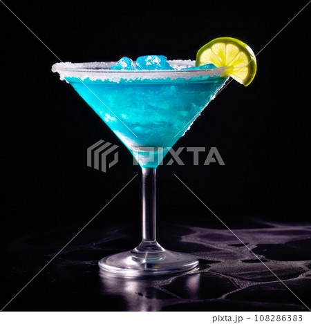 Blue Curacao cocktail garnished with lemon slice, in the style of bold color field 108286383