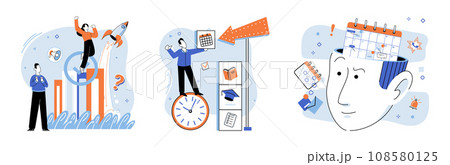 Time management. Vector illustration. Support from colleagues and mentors aids in effective time management Planning is fundamental aspect successful time management Setting clear targets is crucial 108580125