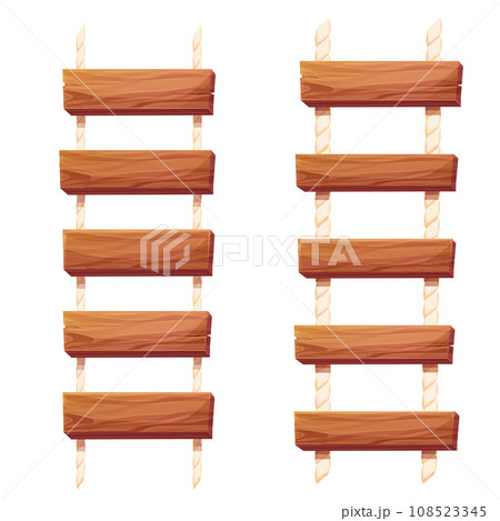 Set Wooden ladder with rope, planks hanging, staircase in cartoon style isolated on white background, Bridge, game road. 108523345