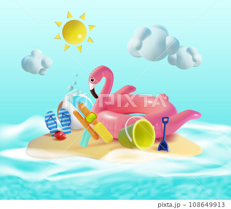 3d Summer Travel and Tourism Concept Cartoon Style. Vector illustration of Tropical Island with Different Vacation Items Water Gun, Ball and Flamingo Swimming Ring 108649913