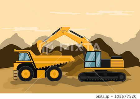 Mining truck and caterpillar backhoe doing construction and mining work 108677520