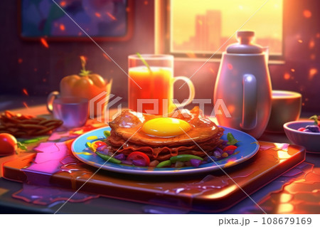 Pancakes with fruit and a cup of tea on table. Breakfast, baking, desserts, food concept 108679169