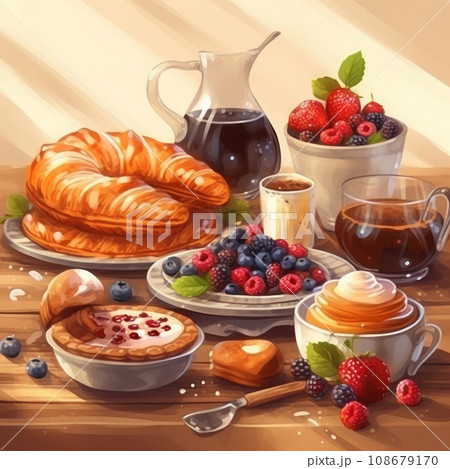 Healthy breakfast with a bun, croissant, juice, berries and coffee. Pastries, desserts, food concept 108679170