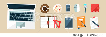 Desktop with Laptop, Notepad, Coffee, Tablet, Smartphone and Watch Vector Set 108967856