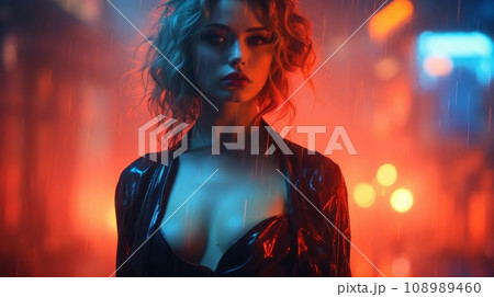 woman in neon city lights 108989460