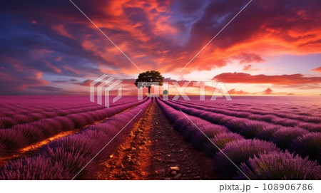 Lavender field and tree silhouette at sunset 108906786