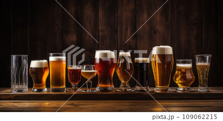 several glasses of various shapes and sizes with chilled beer on a wooden tabletop 109062215