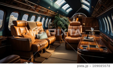 luxury interior in the modern business jet and sunlight at the window/sky and clouds through the porthole 109085078