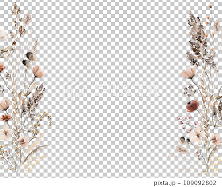 Border with watercolor with autumn brown wild flowers and leaves, wedding illustration 109092802