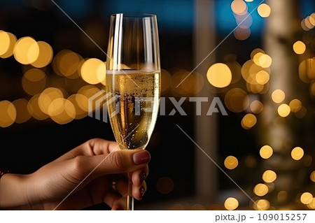 Close up of people toasting with christmas champagne glasses. Generative AI 109015257