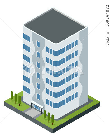 Isometric offices or business center icon. Town apartment building city map creation. Architectural vector 3d illustration. Infographic element. City house composition 109264882