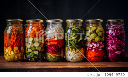 AI-generated content. Marinated pickles variety preserving jars. Homemade green beans, squash, cauliflower, carrots, red chili peppers pickles. Fermented food. AI generative. 109449720