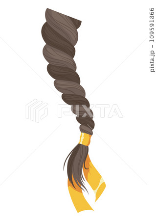 Hair braid. Long female fashion plait. Vector illustration of human hair in natural color. Cartoon art illustration with ribbon isolated on white background 109591866