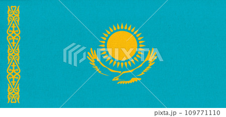 flag of Kazakhstan. National Kazakh flag on fabric surface. Asian country 109771110