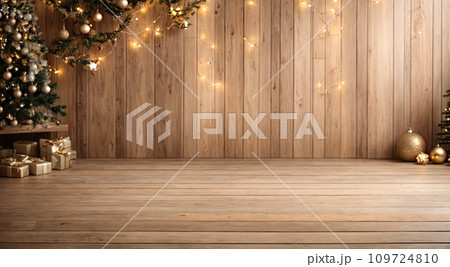 Empty wooden floor in neutral natural beige tones for product display with a wall in the interior of the room, with a Christmas decor. Copy space, Christmas and New Year. AI generated 109724810