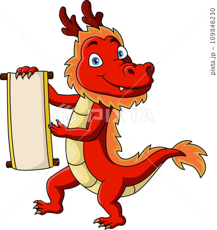 Cute red dragon cartoon holding chinese scroll 109846230