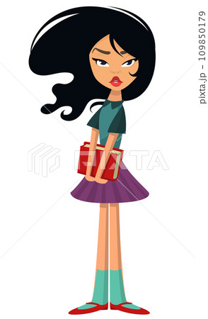 Cute cartoon little girl. Vector illustration of a teenager sudent holding books 109850179