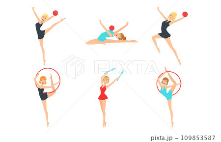 Colection of Gymnast Women Performing Rhythmic Gymnastics Elements with Ball, Ribbon and Clubs Vector Illustration 109853587