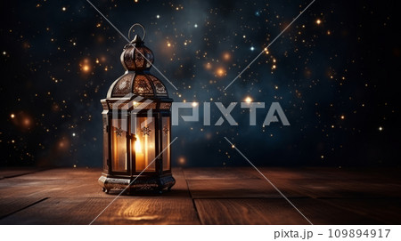 Islamic candle lantern at night with stars. Background for Ramadan with Copy space. Candle light 109894917