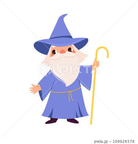 Warlock in Purple Gown and Hat with Beard and Cane as Fairy Tale Character Vector Illustration 109826578