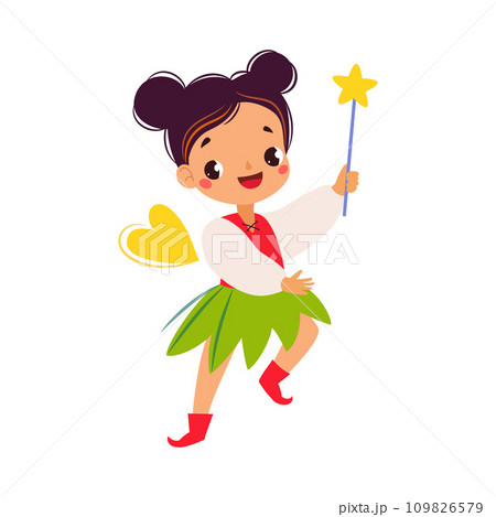 Pretty Pixie with Magic Wand and Wings as Fairy Tale Character Vector Illustration 109826579