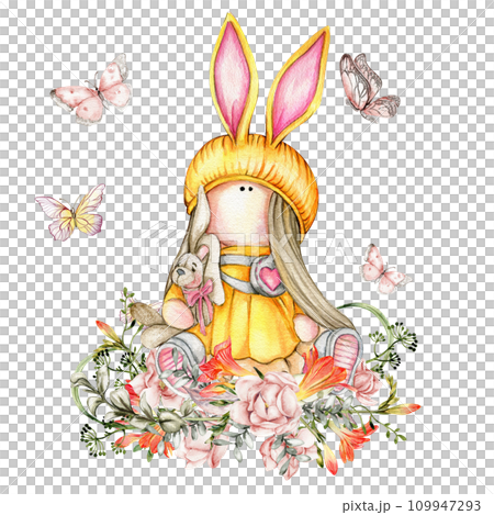 Composition of doll Tilda in dress and freesia flowers. Hand drawn watercolor illustration. Design for baby shower party, birthday, cake, holiday celebration design, greetings card, invitation, sticke 109947293