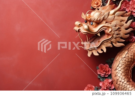 AI-generated content. Golden Chinese dragon on red color background. Generative AI 109936465