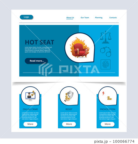 Hot seat flat landing page website template. Online crime, resist, provocation. Web banner with header, content and footer. Vector illustration. 100066774