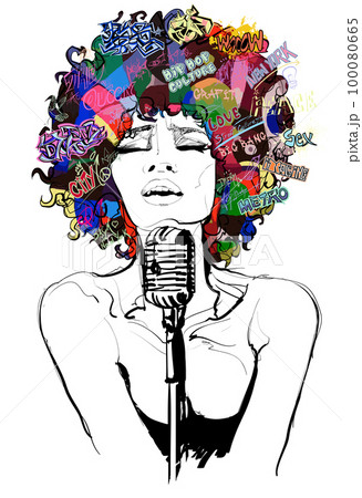 Original abstract art contemporary digital portrait of a woman singing in a vintage microphone 100080665