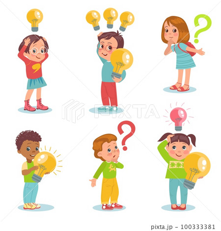 Kids searching idea. Little children with question marks and bulbs. Thought symbols. Lamps above heads. Curious characters. Brainstorming progress. Finding solution. Splendid vector set 100333381