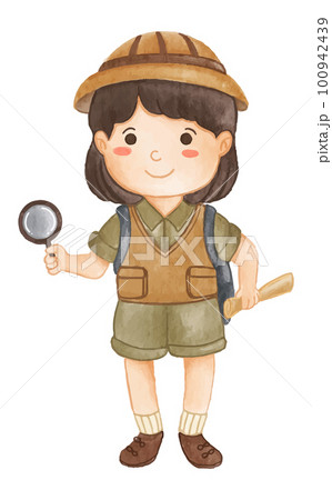 Girl scout with hiking suit look through magnifying glass . Realistic watercolor paint with paper textured . Cartoon character design . Vector . 100942439