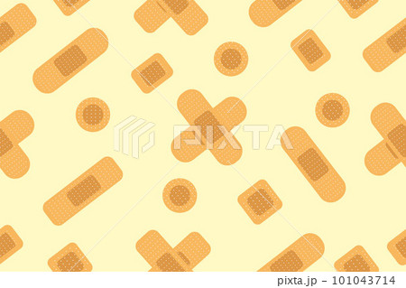 Seamless pattern with realistic medical plaster of various shapes. Repeatable background with different elastic band aids. First aid bandages. Flat vector cartoon illustration 101043714